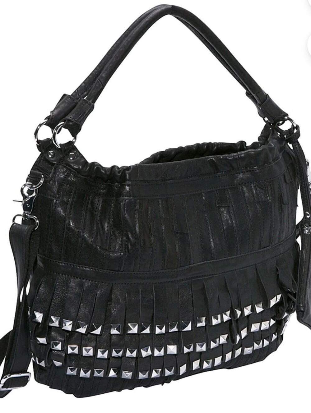 Luxe Lambskin Leather Silver Studded Fringe Shoulder Bag w/Matching Coin Pouch - Picture 9 of 15